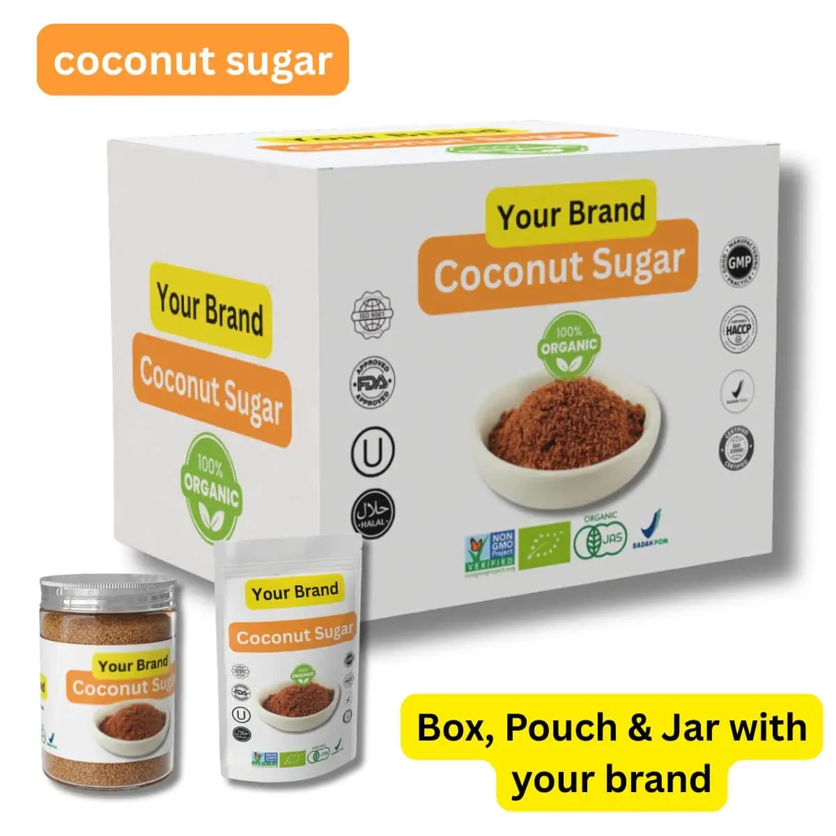 coconut sugar box pouch and jar with oem branding